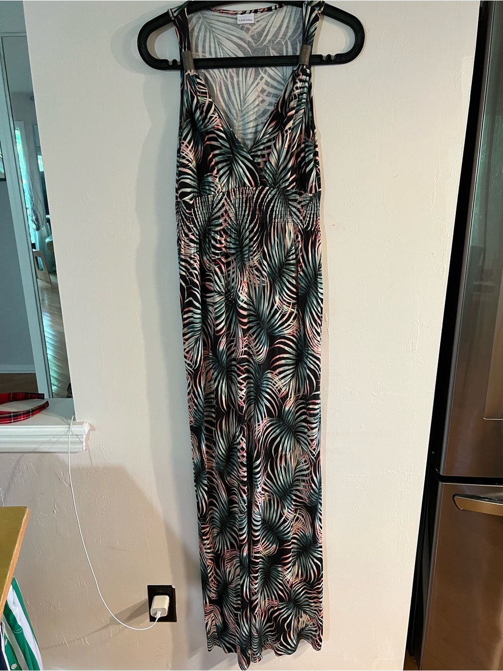 Palm-Print Sleeveless Maxi Dress in Black, Green & Pink